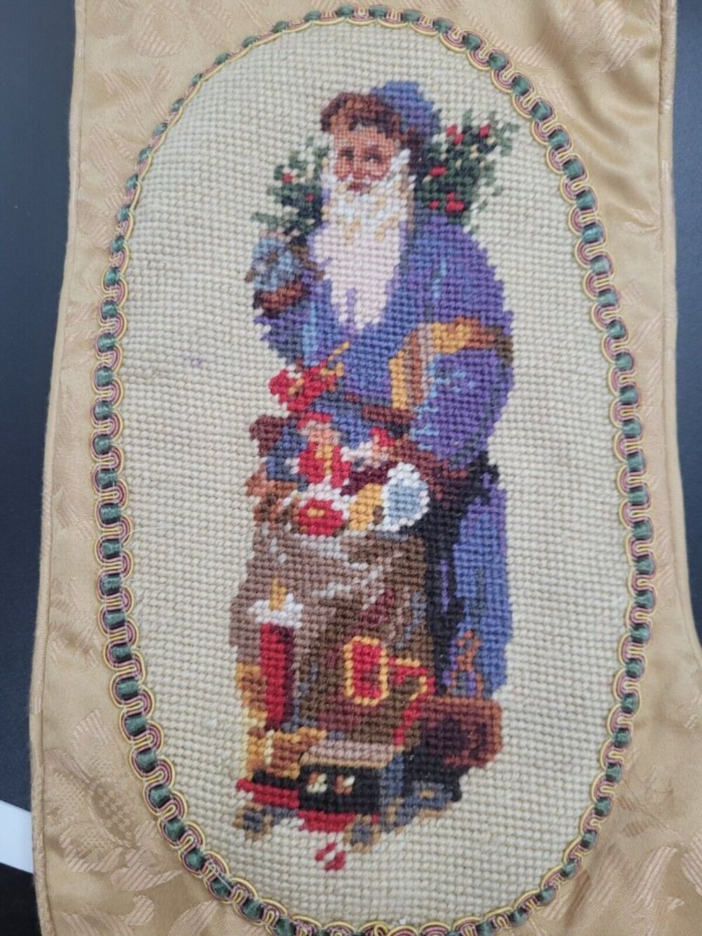 VTG Father Christmas Needlepoint Stocking Wool Handmade Santa Claus St. Nick